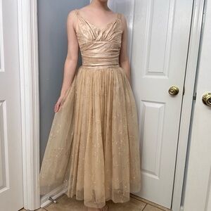 Vintage Gunne Sax Dress Long Formal Prom Tulle Gold Glitter Princess Extra Small
